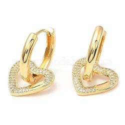 Rack Plating Brass Heart Dangle Hoop Earrings with Cubic Zirconia, Lead Free & Cadmium Free, Real 18K Gold Plated, 28.5mm