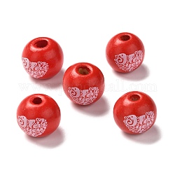 Perles européennes en bois imprimées, Perles avec un grand trou   , rond avec mot je t'aime modèle, teinte, rouge, 16.5~17x15mm, Trou: 3~5mm