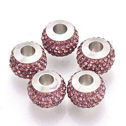 Cuentas de diamantes de imitación de arcilla polimérica, Abalorios de grande agujero, con platino tono de latón conductores individuales, rerondana plana, rosa, 13x10mm, agujero: 4.5 mm