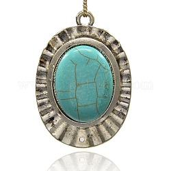 Antique Silver Plated Alloy Synthetic Turquoise Big Pendants for Gemstone Necklace Making, Oval, 68x47x15mm, Hole: 5mm