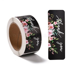 Autocollants d'étiquette de cadeau de papier de modèle de fleur, rectangle avec mot merci étiquettes adhésives rouleau autocollants, pour la fête, cadeaux décoratifs, noir, 2.8 cm, à propos 120pcs / roll