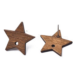Серьги-гвоздики из орехового дерева, с отверстием и 304 штифтом из нержавеющей стали, звезда, седло коричневый, 20x21.5 мм, отверстие : 2 мм, штифты : 0.7 мм