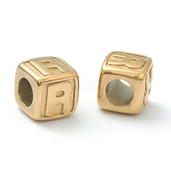 304 perline europei in acciaio inox, perline con foro grande, foro orizzontale, cubo con lettera, oro, letter.r, 8x8x8mm, Foro: 4 mm