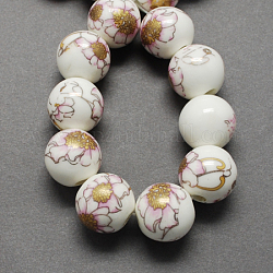 Perles de porcelaine imprimées manuelles, ronde, verge d'or, 12mm, Trou: 2mm
