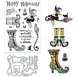 BENECREAT 1pc Happy Halloween Metal Clear Stamps, with 1pc Witch Boots Broom Line Pattern Carbon Steel Embossing Template for DIY Scrapbooking, Photo Album, Decorative Embossing