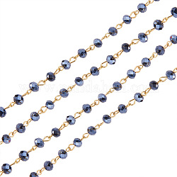 Chaînes de perles en rondelles en verre manuelles pour fabrication de colliers et bracelets, avec épingle à œil en fer doré, non soudée, noir, 39.3 pouce, perles de verre: 6x4 mm