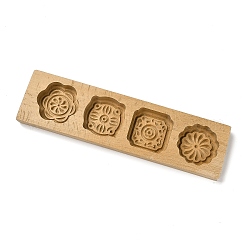 Mondkuchenform aus Buchenholz mit Blumenmuster, Gebäckform mit chinesischen Schriftzeichen, 4 Mulden Kuchenform Backen, rauchig, 255x68x18 mm, Innendurchmesser: 47~50.5x50.5~53 mm