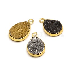 Electroplate Natural Gemstone Pendants, with Golden Brass Teardrop Trays, Crystal, 21x12x3~7mm, Hole: 2mm