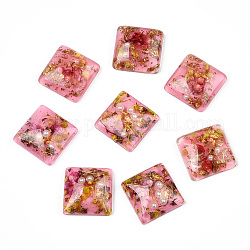 Cabochon in resina trasparente, con fiore e foglia oro/argento, quadrato, rosa caldo, 16x16x6mm