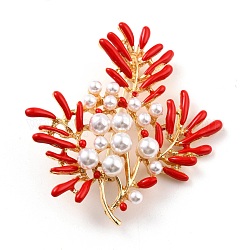Broche de aleación en forma de coral con perla de resina., exquisito pin de solapa para niña mujer, dorado, rojo, 60x54x9mm, pin: 0.8 mm