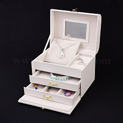 PU Leather Jewelry Organizer Box, with Wood Inside Box & Mirror, Portable Jewelry Storage Case, for Ring, Earrings and Necklace, Rectangle, White, 15x12.5x12.5cm