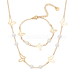 ANATTASOUL Titanium Steel Butterfly Jewelry Set, Pendnat Necklace & Link Bracelet with Plastic Pearl Beaded, Golden, 16.34 inch(41.5cm), 8-7/8 inch(22.5cm)