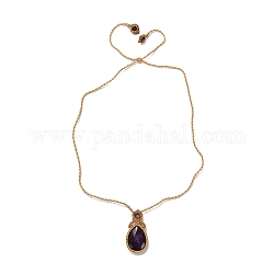 Natural Amethyst Teardrop Pendant Necklace, Adjustable Braided Wax String Choker Necklace, 31.89 inch(81cm)