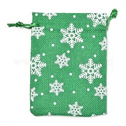 Pochettes d'emballage en toile de jute sur le thème de noël, sacs à cordonnet, avec motif de flocon de neige, verte, 14.5x10.1x0.3 cm