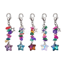 Electroplate Glass Star Pendant Decoration, Synthetic Turquoise Chips and Alloy Lobster Claw Clasps Charm, Mixed Color, 61.5mm