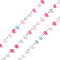 Chaînes de perles en verre manuels, facette, non soudée, avec chaînes en 304 acier inoxydable, or, ronde, rose foncé, 3x2.5mm