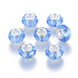 Handmade Glass European Beads, Large Hole Beads, Silver Color Brass Core, Blue, 14x8mm, Hole: 5mm