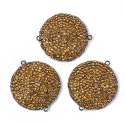 Polymer Clay Rhinestone Links connectors, with PU Leather and Gunmetal Plated Iron Loop, Flat Round, Light Topaz, 41~43.5x37x7.5~10mm, Hole: 2mm
