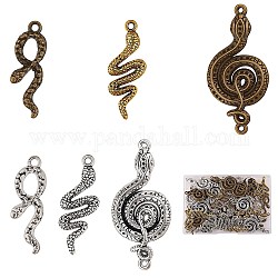 48pcs 6 pendentifs en alliage de style tibétain, serpent, couleur mixte, 23.5~50.5x10.5~24x2.5~3.5mm, Trou: 1.5~2mm, 8 pièces / style