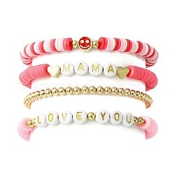 4Pcs 4 Style Mother's Day Theme Polymer Clay Heishi Surfer Stretch Bracelets Set, Smiling Face & Word Acrylic Beaded Stackable Bracelets for Women, Red, Inner Diameter: 2-1/4 inch(5.6cm), 1Pc/style