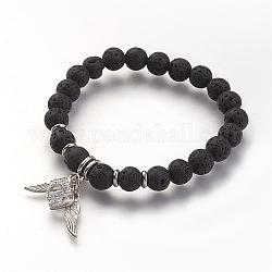 Bracelets extensibles en perles de lave naturelle, avec des pendentifs en alliage, noir, 2 pouce (53 mm)