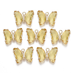 Glass Pendants, with Micro Pave Cubic Zirconia and Brass Open Back Settings, Faceted, Butterfly, Light Gold, Yellow, 15.5x20x4mm, Hole: 1.8mm