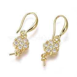 Brass Micro Pave Cubic Zirconia Earring Hooks, Ear Wire, For Half-drilled Bead, Clear, Flower, Golden, 32mm, Pin: 1mm