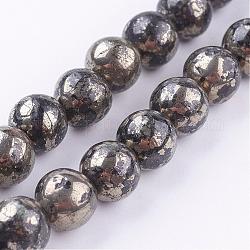 Chapelets de perles de pyrite naturelle , ronde, 8mm, Trou: 1mm, Environ 48 pcs/chapelet, 16 pouce