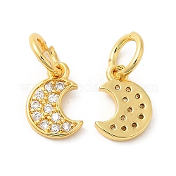 Rack Plating Brass Pave Clear Cubic Zirconia Moon Charms with Jump Ring, Long-Lasting Plated, Lead Free & Cadmium Free, Real 18K Gold Plated, 9.5x7x1.5mm, Hole: 4mm