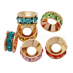Brass Rhinestone Spacer Beads, Grade A, Rondelle, Mixed Color, 9x4mm