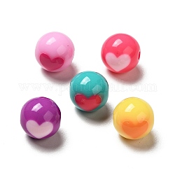 Two Tone Opaque Acrylic Beads, Round with Heart, Mixed Color, 11.5mm, Hole: 2.2mm, about 526pcs/500g