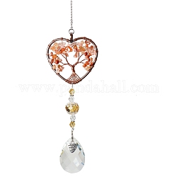 Big Pendant Decorations, Hanging Sun Catchers, with Carnelian Beads and K9 Crystal Glass, Heart with Tree of Life, 355mm