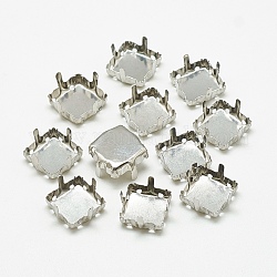 201 Stainless Steel Sew on Prong Settings, Claw Settings for Pointed Back Rhinestone, Square, Stainless Steel Color, Tray: 11x11mm, 12x12x7mm, Hole: 1mm