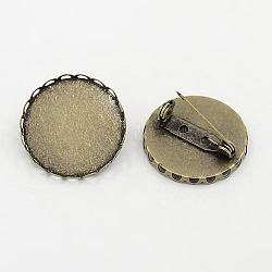 Iron Brooch Findings, with Brass Trays, Nickel Free, Flat Round, Antique Bronze, 26mm, Pin: 0.8mm, Tray: 25mm