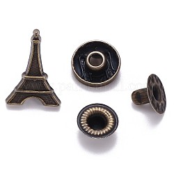 Boutons à pression en laiton, bouchon d'alliage, boutons de vêtements, sans cadmium et sans plomb, forme de tour eiffel, bronze antique, bouchon: 18.5mm, pin: 13 mm, stud: 3mm, bouton: 10x4 mm et 4.5 mm, Bouton: 10x6.5 mm, prise: 3.5 mm, demi-foret: 12x4 mm