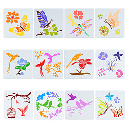 Gorgecraft 2 set 2 stili di plastica per animali domestici scava fuori modelli di stencil per pittura e disegno, quadrato con motivo a uccelli, gabbie e farfalle, bianco, 200x200x0.1mm, 1 set/stile