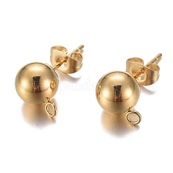 304 Stainless Steel Stud Earring Findings, with Loop and Ear Nut/Earring Backs, Real 24K Gold Plated, 11mm, Hole: 1.8mm, Ball: 8mm, Pin: 0.8mm