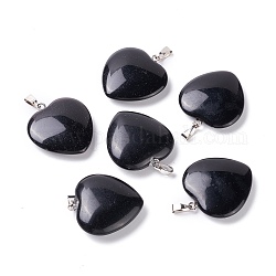 Pendentifs en obsidienne naturelle, avec les accessoires en laiton de tonalité de platine, cœur, 27~28x24.5~26x6~8.5mm, Trou: 2.4x5.6mm