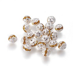 Brass Rhinestone Beads, Grade A, Silver Color Plated, Round, Topaz, 6mm, Hole: 1mm