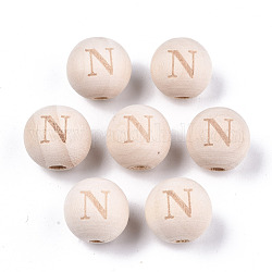 Perles européennes en bois naturel non fini, Perles avec un grand trou   , motif gravé au laser, ronde avec le mot, letter.n, 15~16x14~15mm, Trou: 4mm