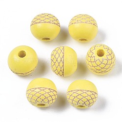 Perle di legno naturale verniciate, motivo inciso al laser, tondo, giallo, 10x9mm, Foro: 2.5 mm