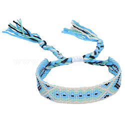 Bracelet cordon polyester-coton motif losange tressé, bracelet brésilien réglable ethnique tribal pour femme, cyan, 5-7/8~11 pouce (15~28 cm)