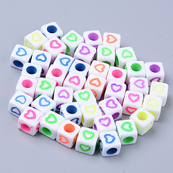 Opaque White Acrylic European Beads, Large Hole Beads, Cube with Mixed Color Heart, 7x7x7mm, Hole: 4mm, about 760~800pcs/200g