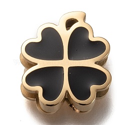 304 Stainless Steel Slide Charms, Enamel Style, Clover, Black, Golden, 13.5x11.5x3.5mm, Hole: 7.5x1.5mm