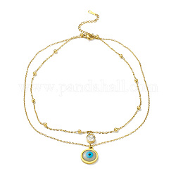 Ионное покрытие (ip) 304 двухслойное ожерелье из спутниковой и кабельной цепи из нержавеющей стали, Ожерелье с подвесками от сглаза из хрусталя и смолы для женщин, золотые, 14.76 дюйм (37.5 см)