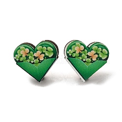 Orecchini a bottone in legno verde per il giorno di San Patrizio, con 316 perni in acciaio inox, cuore, 15x17mm
