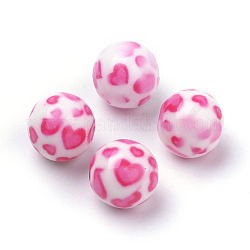 Perles acryliques imprimés opaques, ronde avec motif coeur, rose chaud, 11.5~12x11mm, Trou: 2.5mm