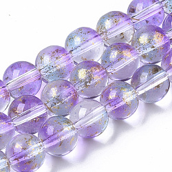Chapelets de perles en verre peinte par pulvérisation transparent, avec une feuille d'or, ronde, support violet, 8~9mm, Trou: 1.2~1.5mm, Environ 46~56 pcs/chapelet, 14.37 pouce ~ 16.3 pouces (36.5~41.4 cm)