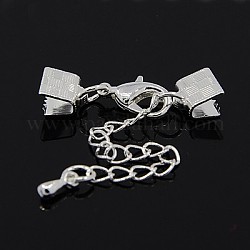 Brass Cord Ends with Chains and Lobster Claw Clasps, Silver, 28mm, cord end: 7x7mm