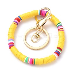 Porte-clés, avec des perles heishi en argile polymère faites à la main et un fermoir mousqueton en alliage de fer plaqué or, anneau, jaune, 6.7 cm